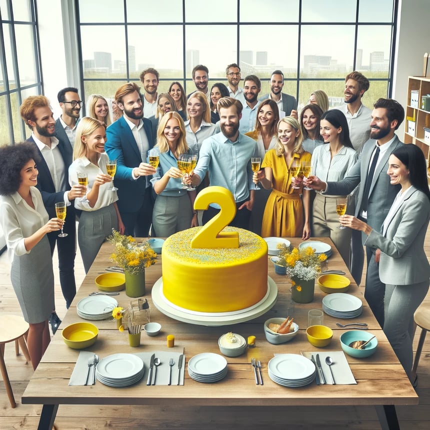 DALL·E 2024-02-07 14.19.48 - Create an image of a Scandinavian business office environment where a diverse group of happy and cheerful employees are standing around a cake in the